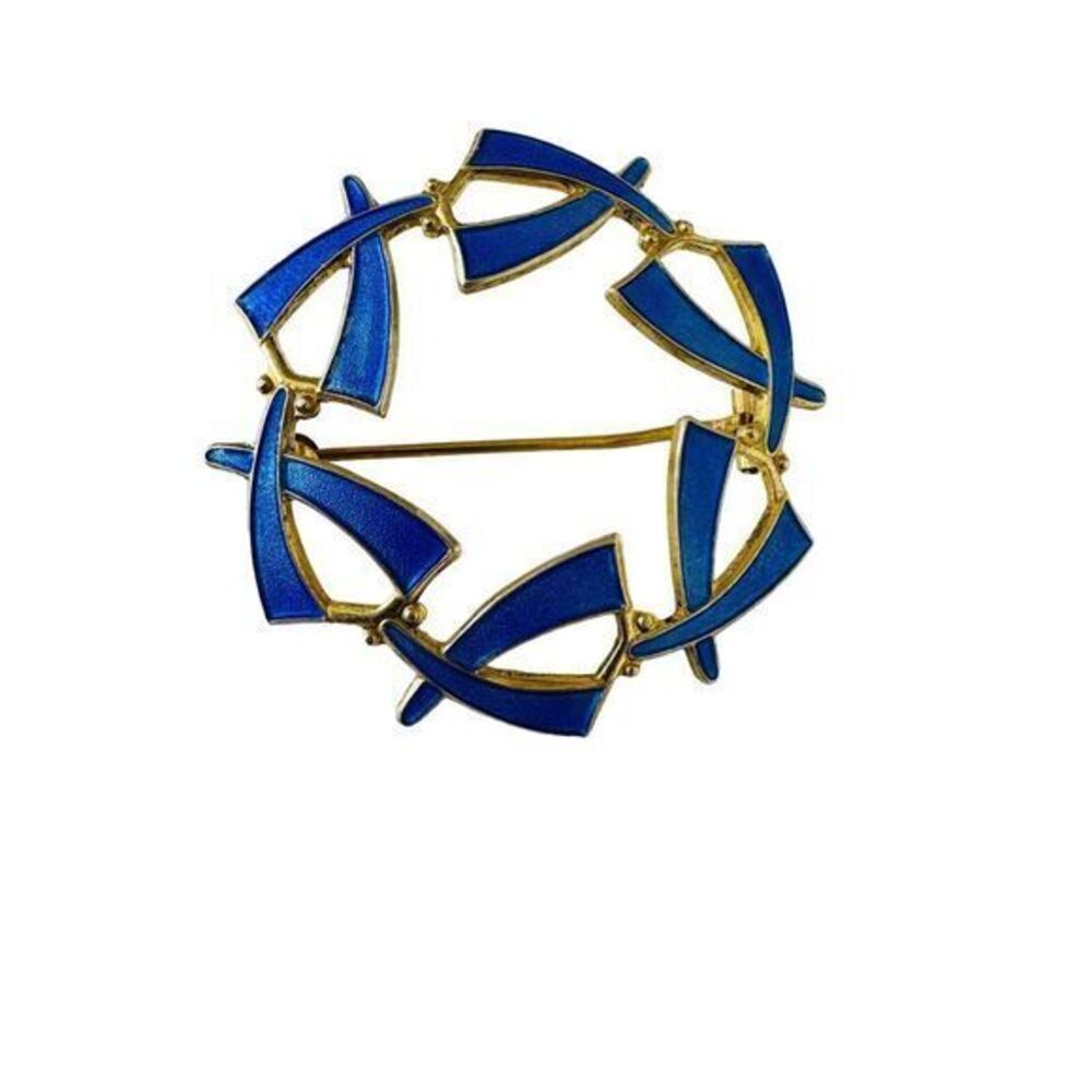 Norway Blue Enamel Sterling Silver‎ 925S Circle Brooch Pin Vintage 1.75"
